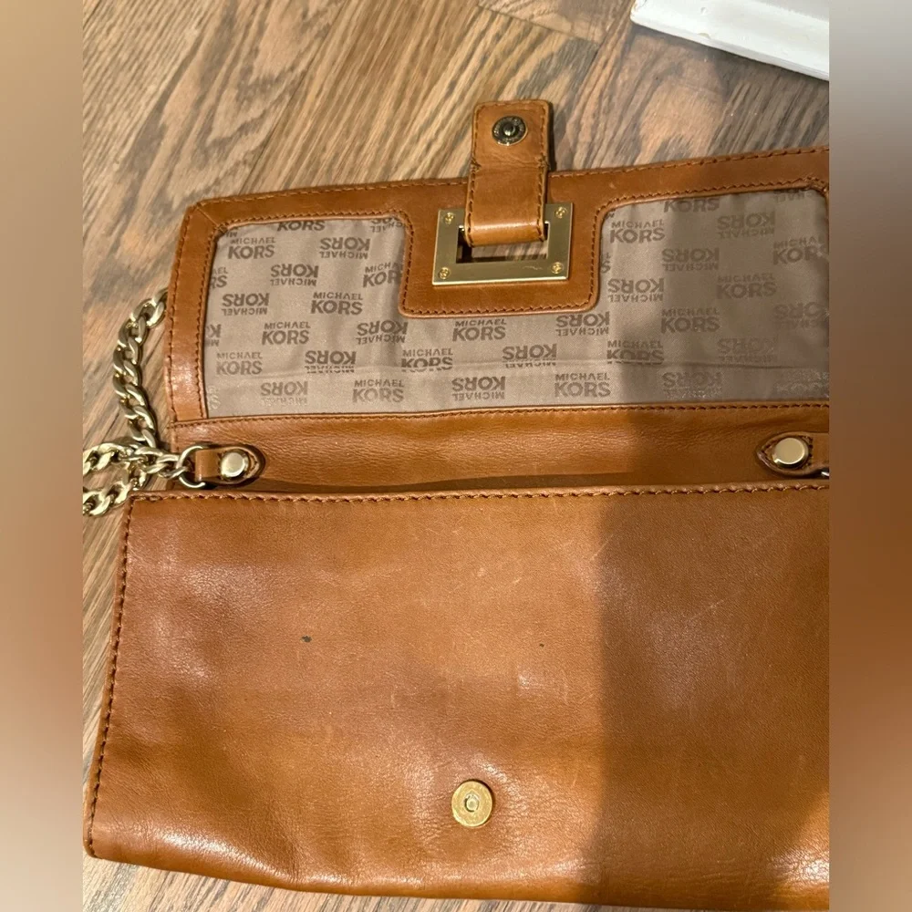Michael Kors Brown Leather Clutch with Gold Chain